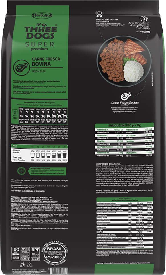 Ração Seca Three Dogs Super Premium Carne e Arroz para Cães Adultos Raças Médias e Grandes - 10,1Kg
