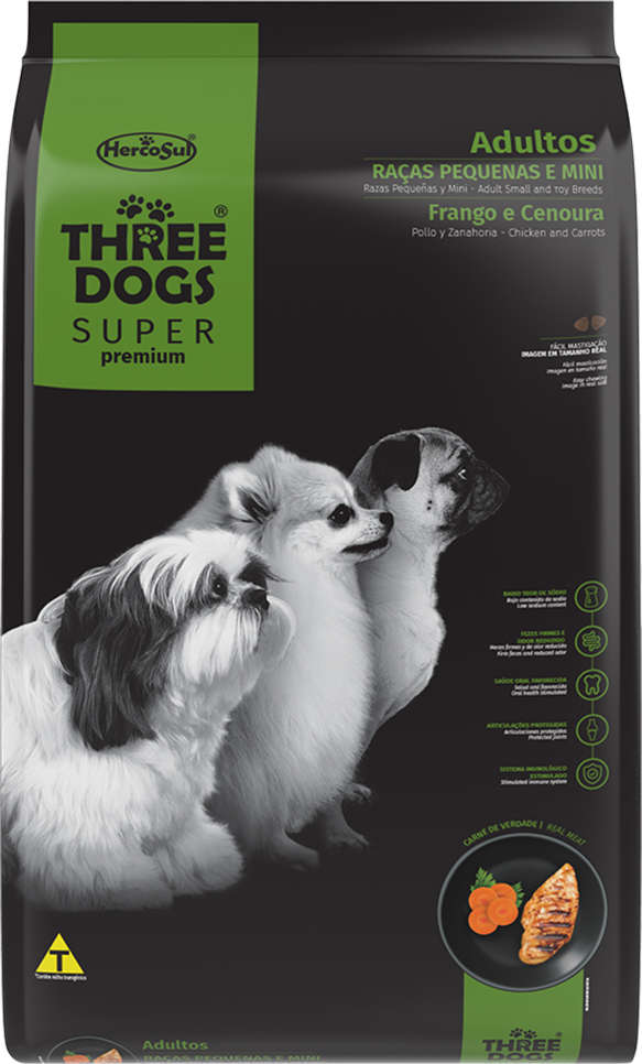 Ração Seca Three Dogs Super Premium Frango e Cenoura para Cães Adultos Raças Pequenas e Mini - 15Kg