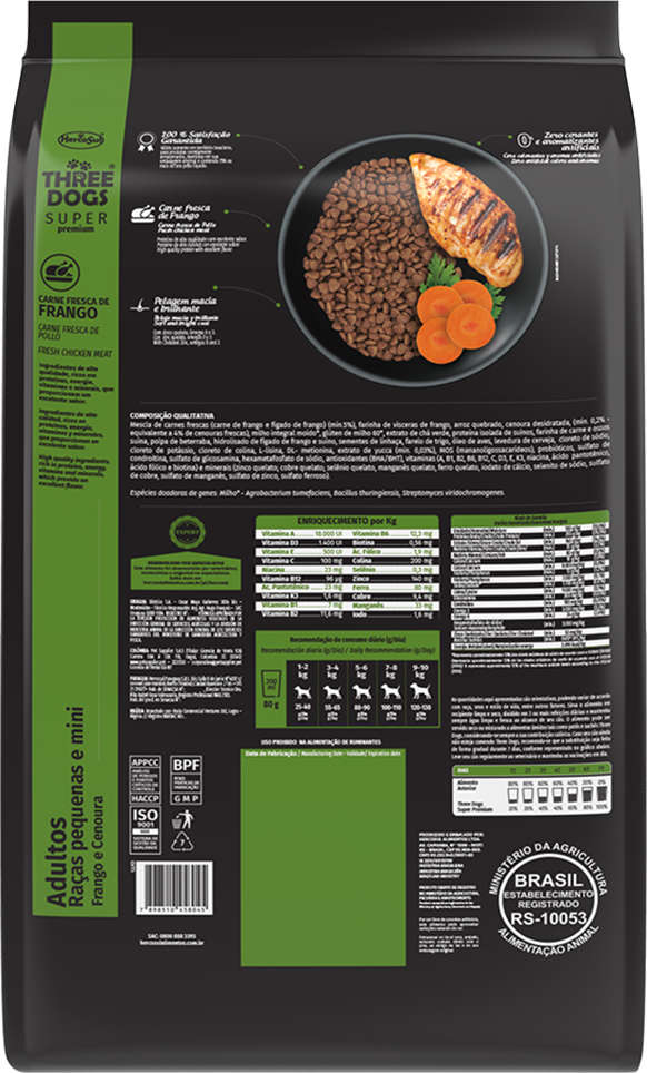 Ração Seca Three Dogs Super Premium Frango e Cenoura para Cães Adultos Raças Pequenas e Mini - 15Kg