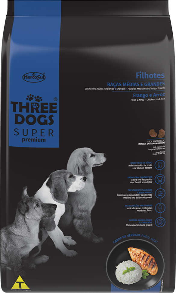 Ração Seca Three Dogs Super Premium Frango e Arroz para Cães Filhotes Raças Médias e Grandes - 15Kg