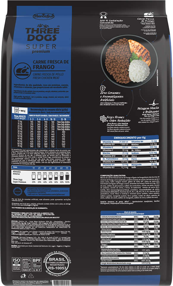 Ração Seca Three Dogs Super Premium Frango e Arroz para Cães Filhotes Raças Médias e Grandes - 15Kg