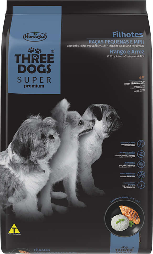 Ração Seca Three Dogs Super Premium Frango e Arroz para Cães Filhotes Raças Pequenas e Mini - 10,1Kg