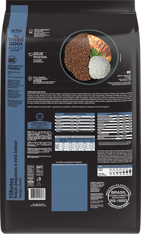Ração Seca Three Dogs Super Premium Frango e Arroz para Cães Filhotes Raças Pequenas e Mini - 10,1Kg