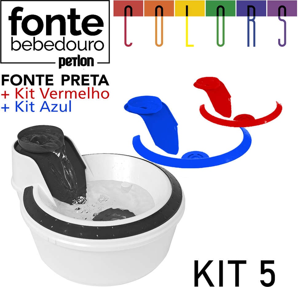 Fonte Bebedouro Petlon Colors Kit 5 Preta, Azul e Vermelho 2 Litros - 110 V