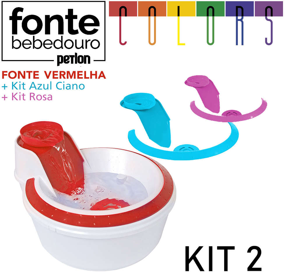 Fonte Bebedouro Petlon Colors Kit 2 Rosa, Azul Ciano e Vermelho 2 Litros - 220 V
