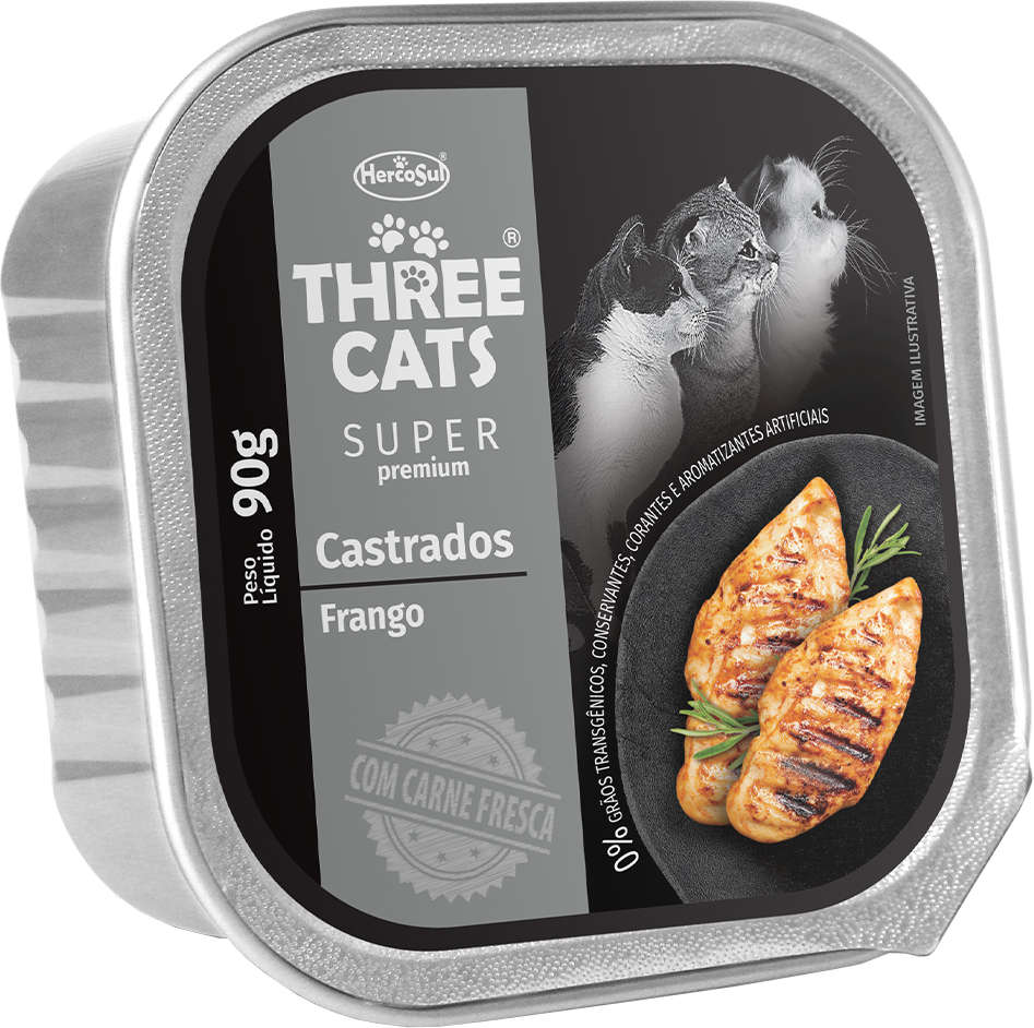 Ração Úmida Three Cats Super Premium Patê Frango para Gatos Castrados - 90 g - 72 Unidades