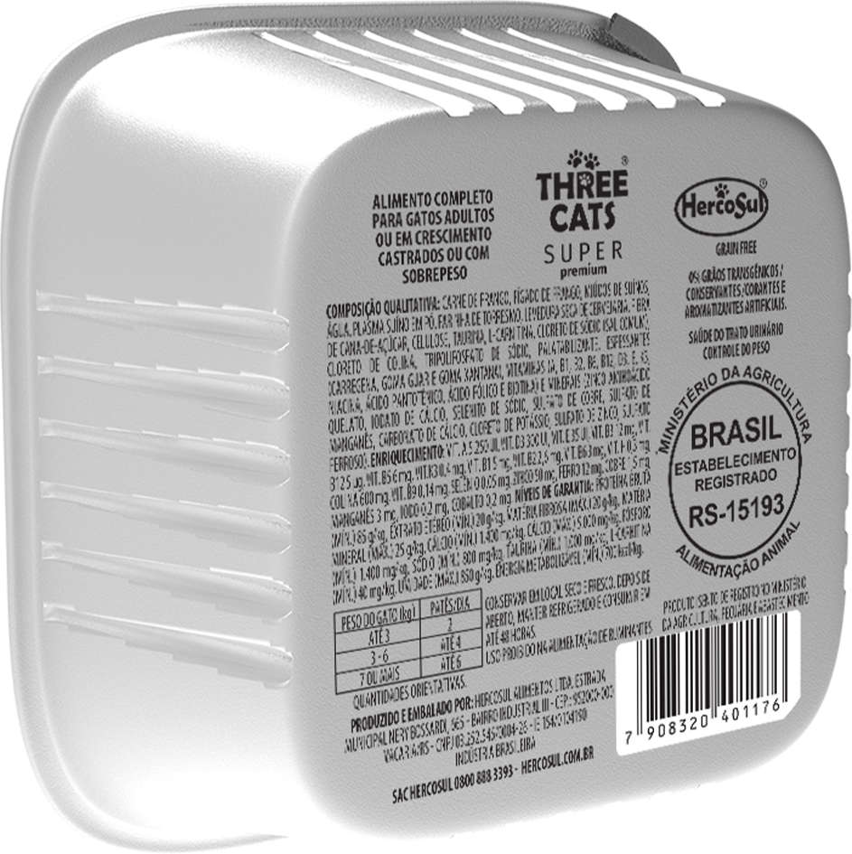 Ração Úmida Three Cats Super Premium Patê Frango para Gatos Castrados - 90 g - 72 Unidades