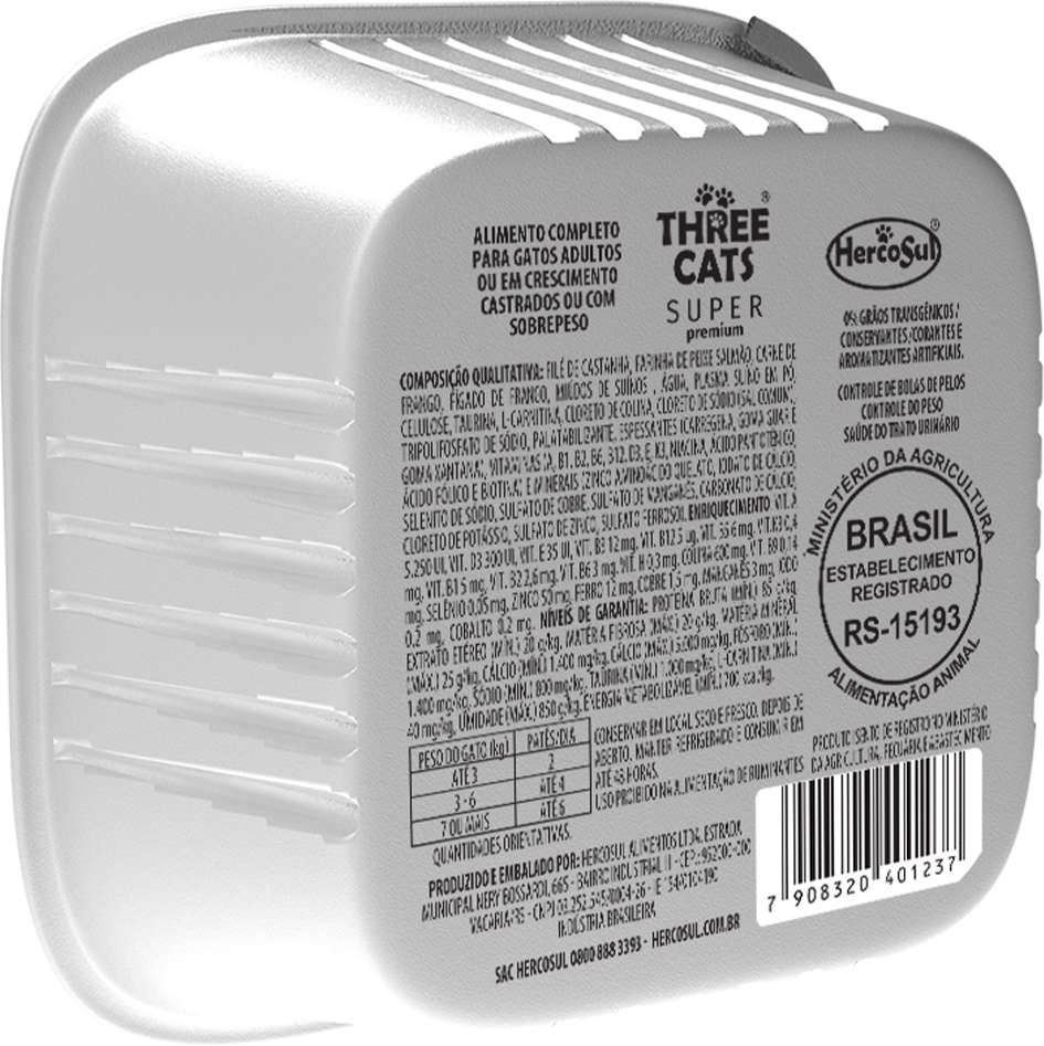 Ração Úmida Three Cats Bolas de Pelos Super Premium Patê Peixe Branco para Gatos Castrados - 90 g - 72 Unidades