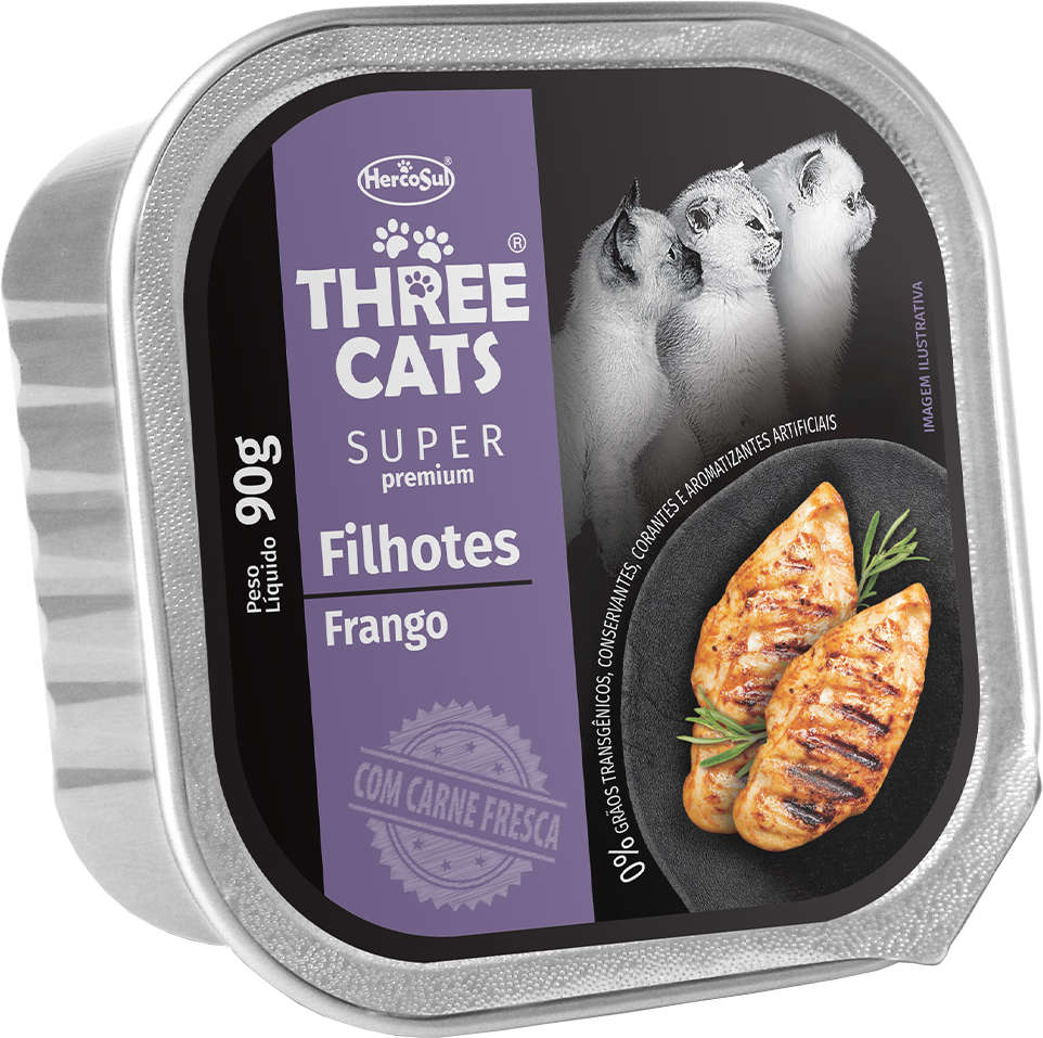 Ração Úmida Three Cats Super Premium Patê Frango para Gatos Filhotes - 90 g - 72 Unidades