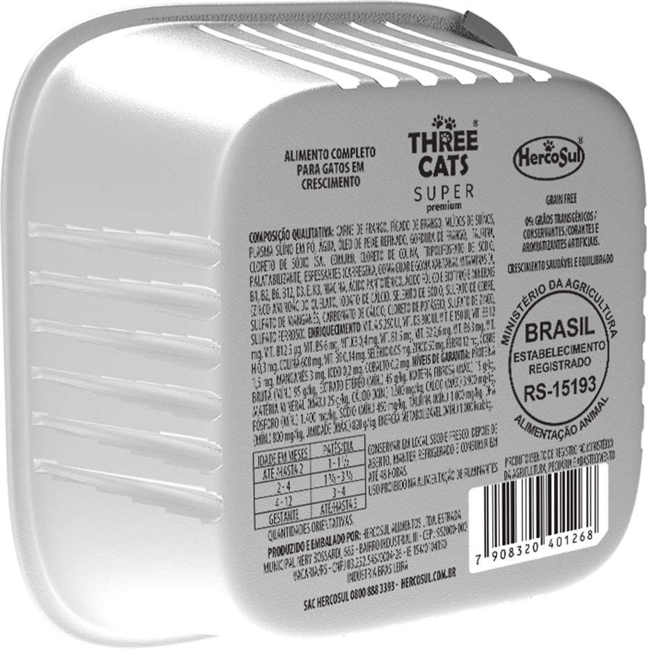 Ração Úmida Three Cats Super Premium Patê Frango para Gatos Filhotes - 90 g - 72 Unidades