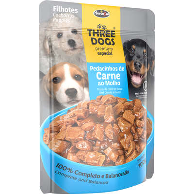 Ração Úmida Three Dogs Sachê Premium Special Pedacinhos de Carne ao Molho Cães Filhotes - 100 g