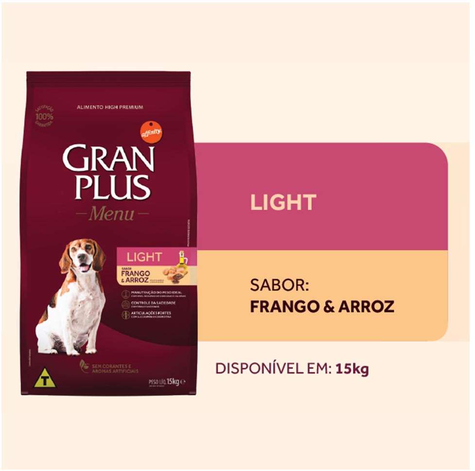 Ração GranPlus Menu Light Frango e Arroz para Cães Adultos Raças Médias e Grandes - 15Kg