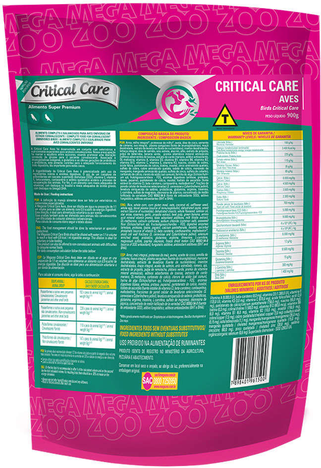 Ração Extrusada Megazoo Critical Care para Aves - 900 g