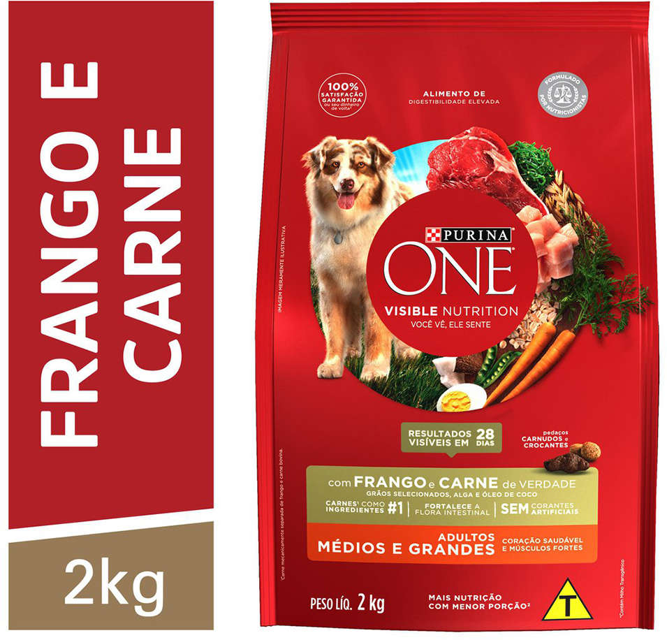 Ração Seca Nestlé Purina One Frango e Carne para Cães Adultos Raças Médias e Grandes - 2Kg