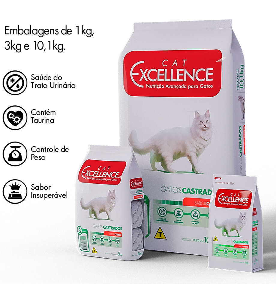 Ração Seca Cat Excellence Carne para Gatos Adultos Castrados - 10,1Kg
