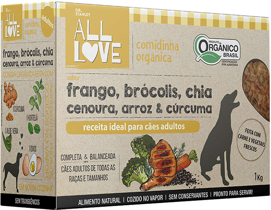 Comidinha Orgânica All Love Frango, Brócolis, Chia, Cenoura, Arroz & Cúrcuma para Cães Adultos - 1Kg