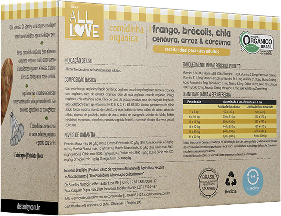 Comidinha Orgânica All Love Frango, Brócolis, Chia, Cenoura, Arroz & Cúrcuma para Cães Adultos - 1Kg
