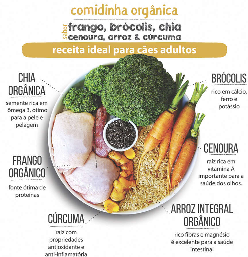 Comidinha Orgânica All Love Frango, Brócolis, Chia, Cenoura, Arroz & Cúrcuma para Cães Adultos - 1Kg