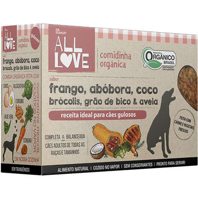 Comidinha Orgânica All Love Frango, Abóbora, Coco, Brocólis, Grão de Bico, & Aveia para Cães Gulosos