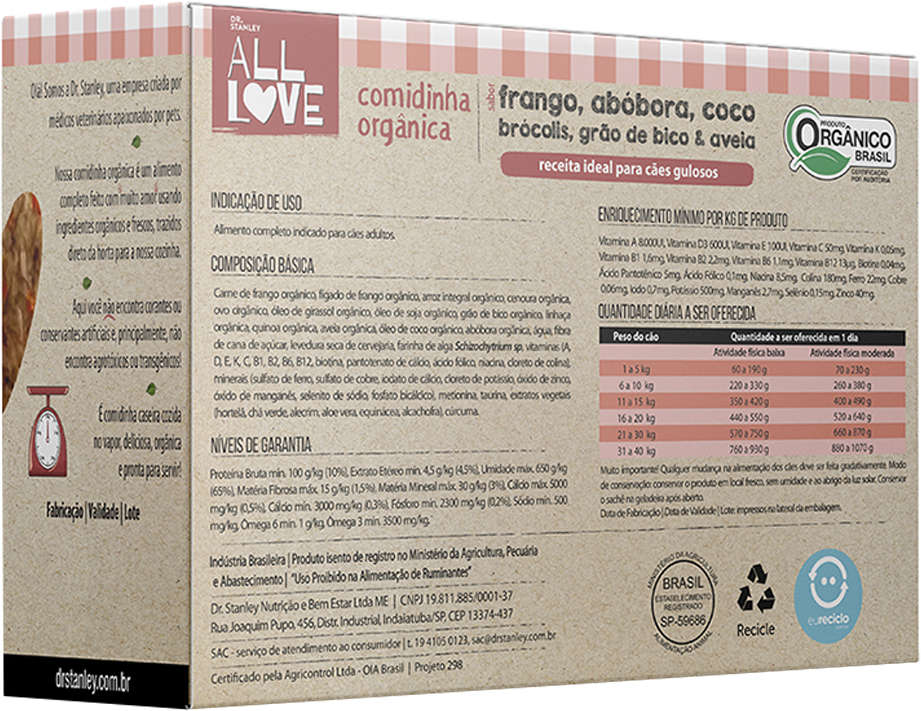Comidinha Orgânica All Love Frango, Abóbora, Coco, Brocólis, Grão de Bico, & Aveia para Cães Gulosos - 1Kg