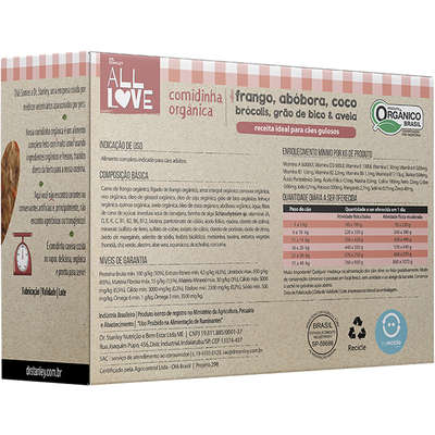 Comidinha Orgânica All Love Frango, Abóbora, Coco, Brocólis, Grão de Bico, & Aveia para Cães Gulosos