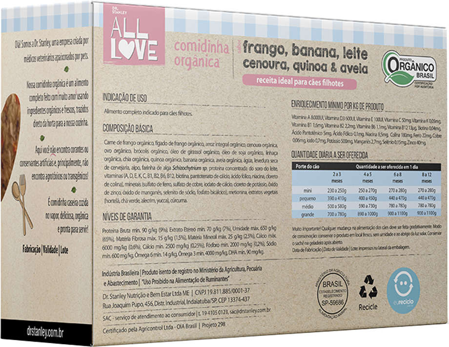 Comidinha Orgânica All Love Frango, Banana, Leite, Cenoura, Quinoa & Aveia para Cães Filhotes - 1Kg