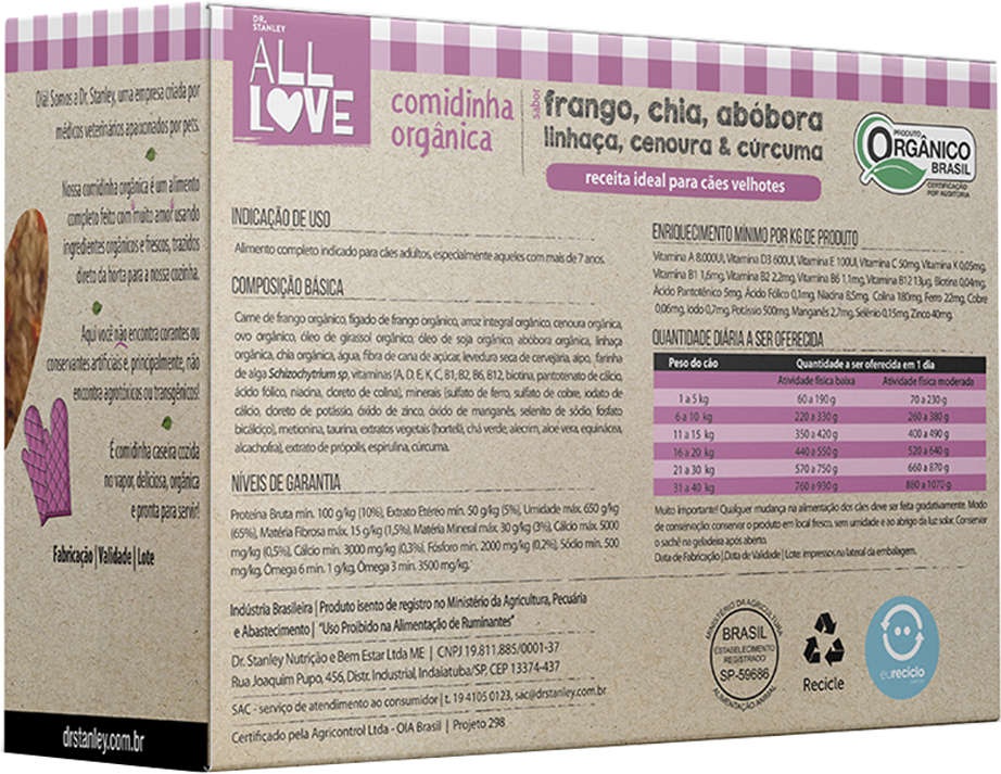 Comidinha Orgânica All Love Frango, Chia, Abóbora, Linhaça, Cenoura & Cúrcuma para Cães Velhotes - 1Kg