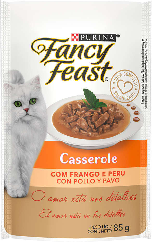 Racão Úmida Nestlé Purina Fancy Feast Sachê Casserole com Frango e Peru para Gatos Adultos - 85 g