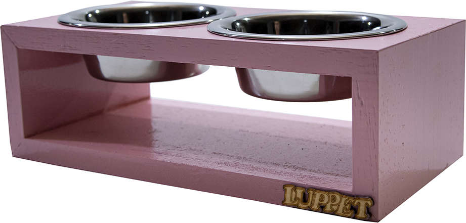 Comedouro Duplo Madeira Rosa para Cães e Gatos - Tam. Único