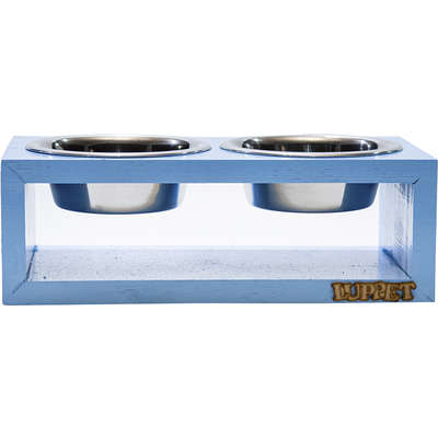Comedouro Duplo Madeira Azul para Cães e Gatos