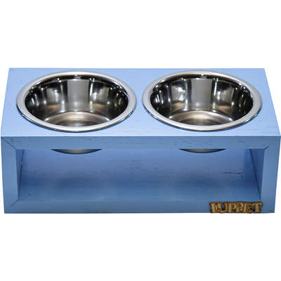 Comedouro Duplo Madeira Azul para Cães e Gatos