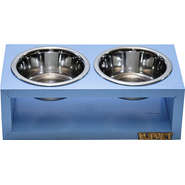 Comedouro Duplo Madeira Azul para Cães e Gatos - Tam. Único