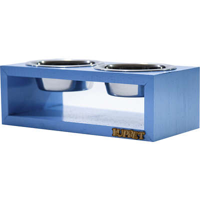 Comedouro Duplo Madeira Azul para Cães e Gatos