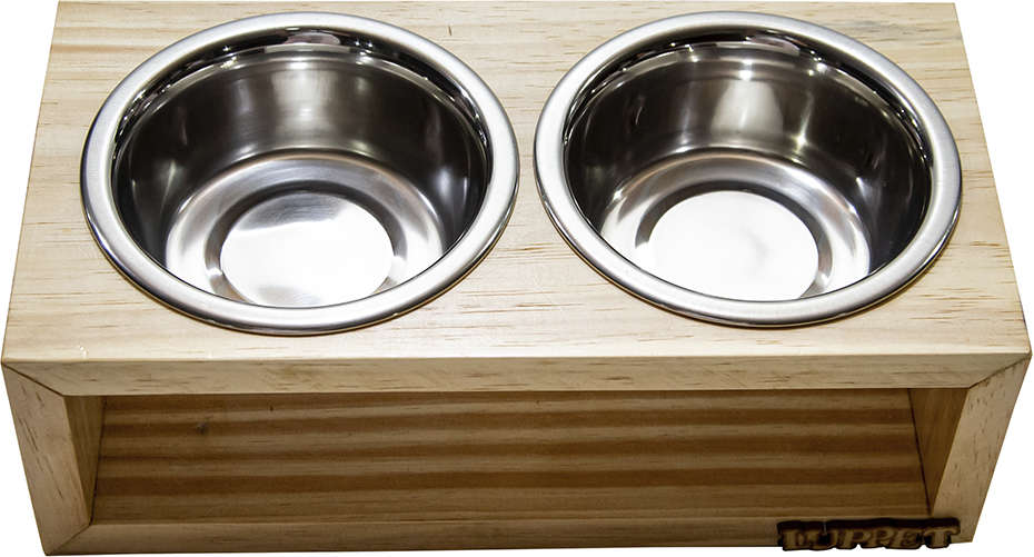 Comedouro Duplo Madeira Natural para Cães e Gatos - Tam. Único
