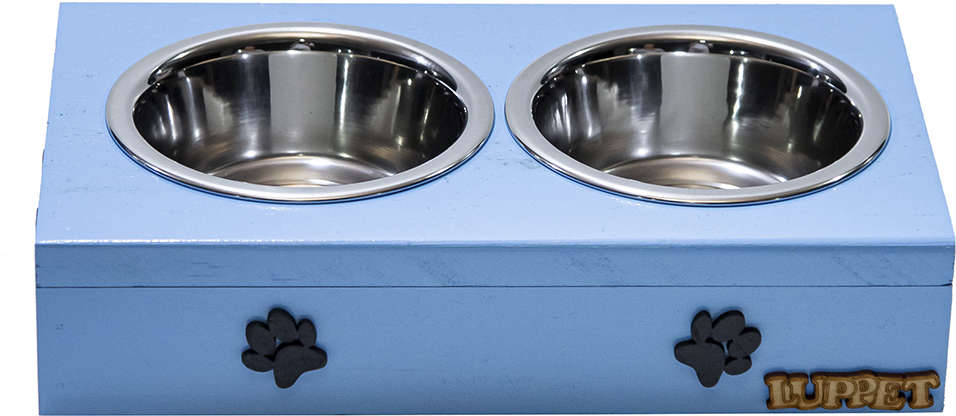 Comedouro Duplo Madeira Patinhas Azul para Cães e Gatos - Tam. Único