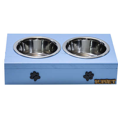 Comedouro Duplo Madeira Patinhas Azul para Cães