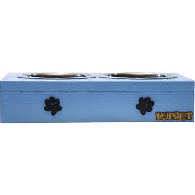 Comedouro Duplo Madeira Patinhas Azul para Cães