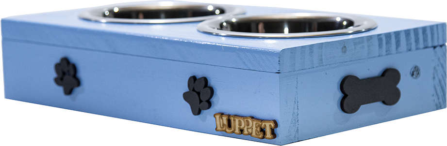 Comedouro Duplo Madeira Patinhas Azul para Cães e Gatos - Tam. Único