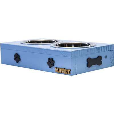 Comedouro Duplo Madeira Patinhas Azul para Cães