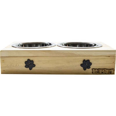 Comedouro Duplo Madeira Natural Patinhas para Cães