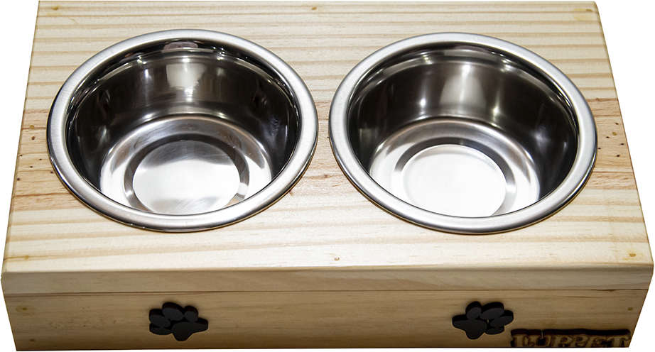 Comedouro Duplo Madeira Natural Patinhas para Cães e Gatos - Tam. Único