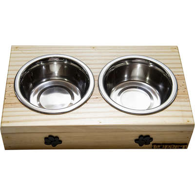 Comedouro Duplo Madeira Natural Patinhas para Cães