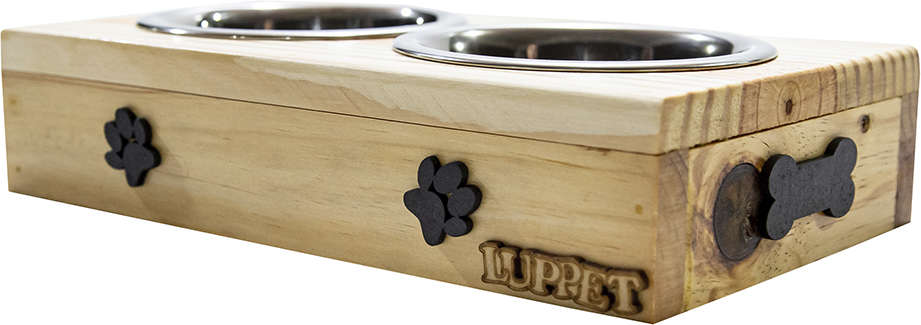 Comedouro Duplo Madeira Natural Patinhas para Cães e Gatos - Tam. Único