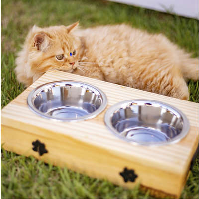 Comedouro Duplo Madeira Natural Patinhas para Cães