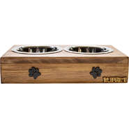 Comedouro Duplo Madeira Marrom Patinhas para Cães e Gatos - Tam. Único