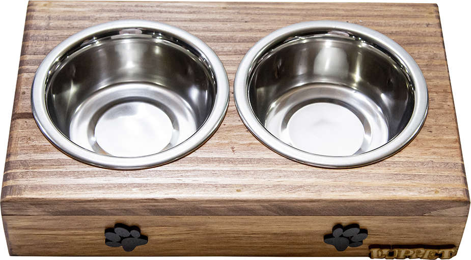 Comedouro Duplo Madeira Marrom Patinhas para Cães e Gatos - Tam. Único