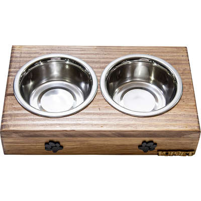 Comedouro Duplo Madeira Marrom Patinhas para Cães
