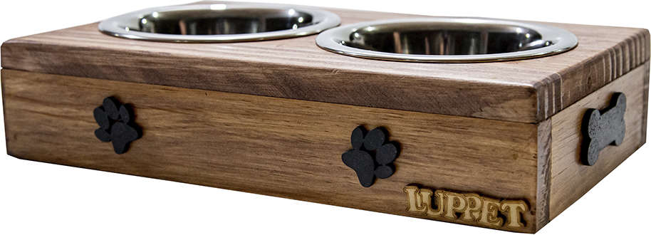 Comedouro Duplo Madeira Marrom Patinhas para Cães e Gatos - Tam. Único