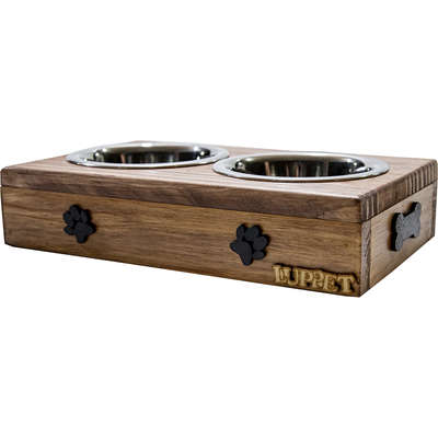 Comedouro Duplo Madeira Marrom Patinhas para Cães