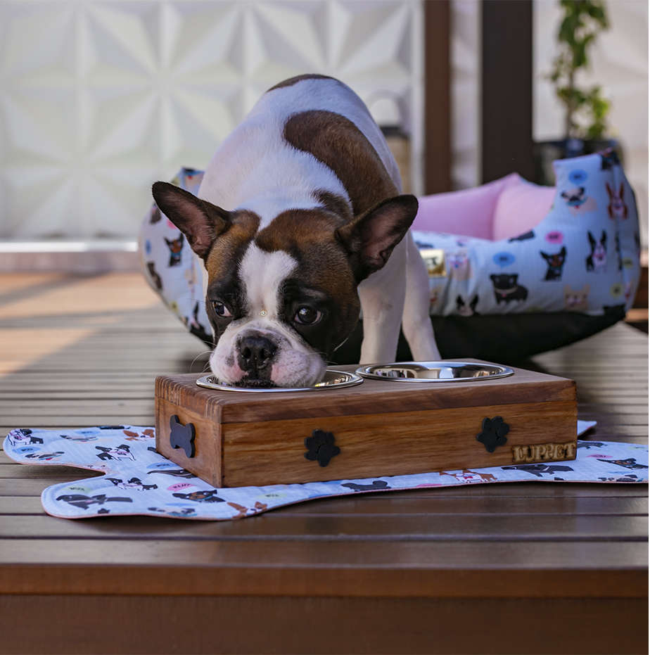Comedouro Duplo Madeira Marrom Patinhas para Cães e Gatos - Tam. Único